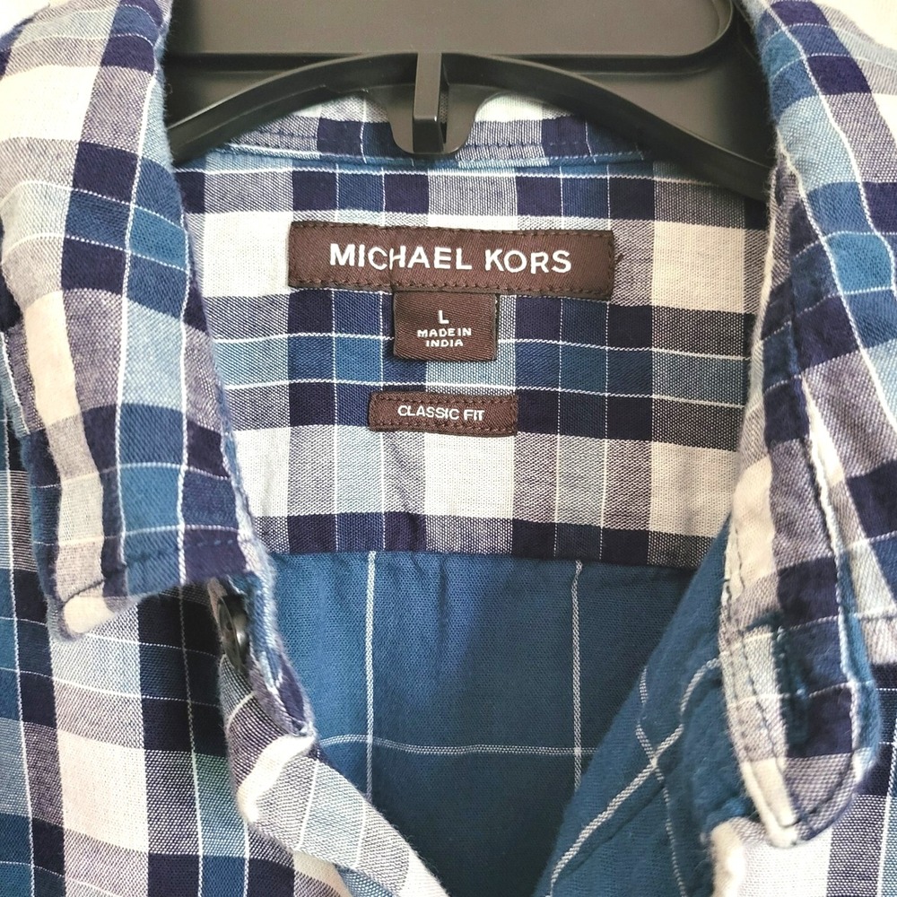 Michael Kors Men's Curt Double Faced Blue Plaid Classic‎ Fit Button Shirt Large